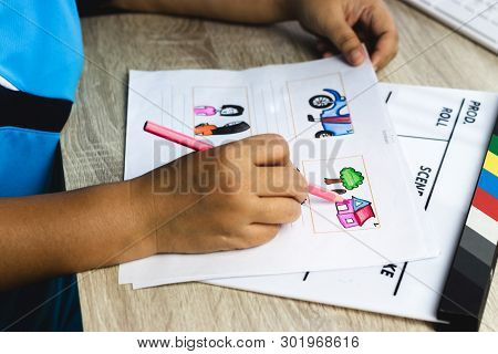Storyboard Drawing With Pencil Creative Sketch Cartoon. Storyboarding Is Process Image Displayed In 