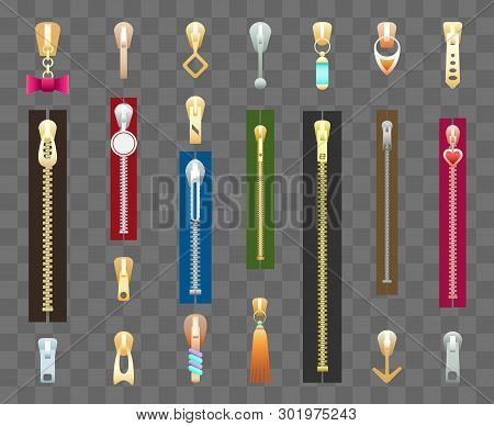 Zippers And Pulls. Zipper With Pulling Details Vector Illustration, Zips For Textile Or Fabric, Pant