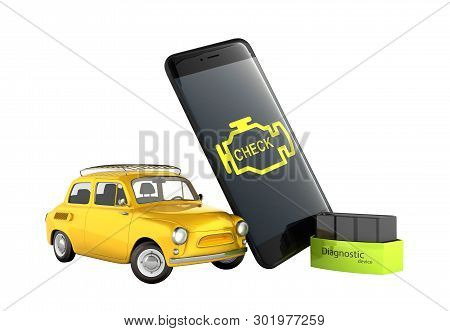 Car Diagnostic Concept Close Up Of Obd2 Wireless Scanner With Smartphone And Retro Car On White Back