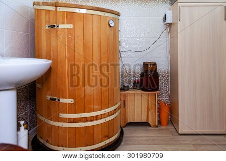 Cabinet For Cosmetology Procedures, Rest And Recovery With Wooden Phyto Barrels For Spa, Wellness An