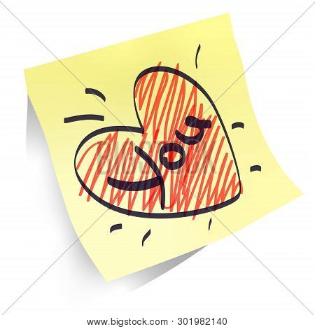 Heart Shapes Handwritten On Yellow Paper Sticker Isolated, Declaration Of Love Red And Black Marker