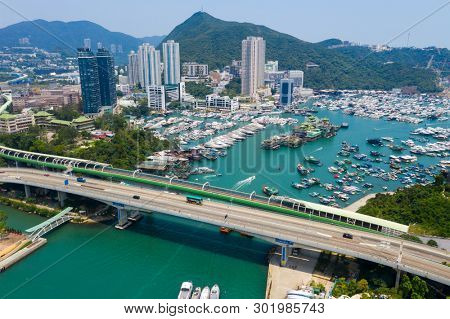 Aberdeen, Hong Kong 12 May 2019: Aerial view of Hong Kong typhoon shelter in Aberdeen