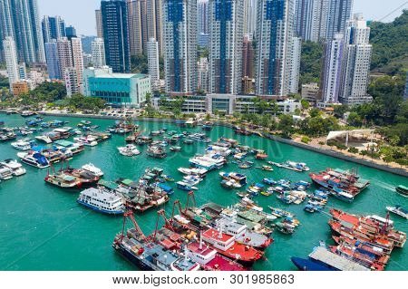 Aberdeen, Hong Kong 12 May 2019: Aerial view of Hong Kong typhoon shelter with fishing harbor port