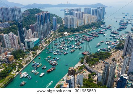 Aberdeen, Hong Kong 12 May 2019: Top down view of Hong Kong typhoon shelter in Aberdeen