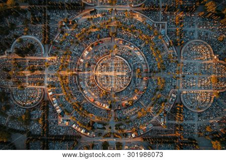 Madrid aerial view of Cementerio de la Almudena (Our Lady of Almudena Cemetery)  in Spain.