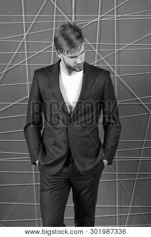 Man Well Groomed Manager Wear Elegant Formal Suit Pink Background. Manager Dress Code. Manager Confi