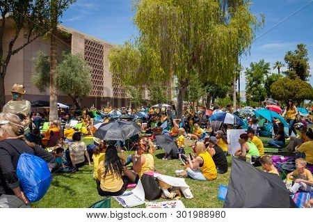 Phoenix, Arizona - May 18: Crowd At The Arizona March For Medical Freedom Sitting On The Az State Ca