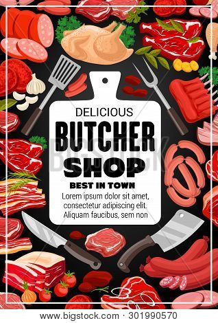 Butcher Shop Bbq Meat And Delicatessen Sausages. Vector Cooking And Gastronomy Meat Food Products, T