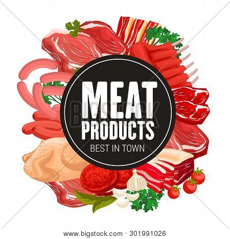 Butcher Shop Meat And Sausages Gourmet Delicatessen. Vector Gastronomy Meat Food Products, Turkey Or