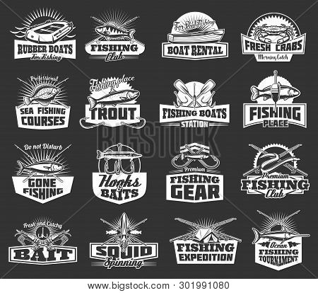 Big Fish Catch Adventure Icons And Fishing Club Badges. Vector Fisherman Equipment And Fish Catch Ta