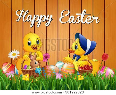 Easter Greeting With Baby Duck And A Rabbit On The Basket
