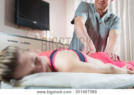 Girls Spine Base Editing By A Male Physiotherapist Of Visceral Massage. The Hands Of The Doctor Set 