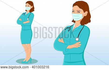 Character Of Confident Doctor Or Nurse Wearing A Surgical Face Mask, Stethoscope And Standing To Fig