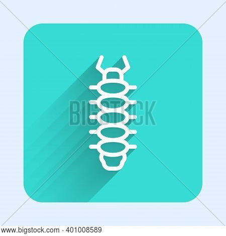 White Line Centipede Insect Icon Isolated With Long Shadow. Green Square Button. Vector