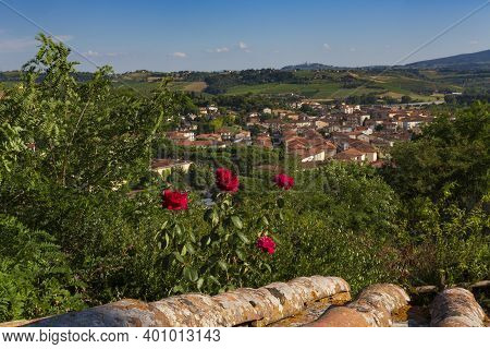 The View From The Medevil Town Of Certaldo That Rests High Above A Mountain Surrounded By An Olive G