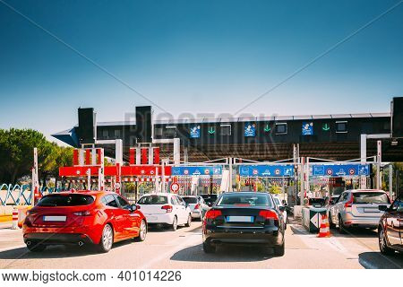 Nice, France. Cars Passing Through The Point Of Toll Highway, Toll Station