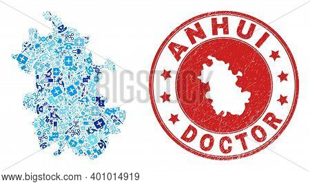 Vector Mosaic Anhui Province Map With Dose Icons, Chemical Symbols, And Grunge Health Care Stamp. Re