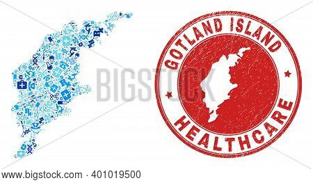 Vector Collage Gotland Island Map With Inoculation Icons, Labs Symbols, And Grunge Health Care Water