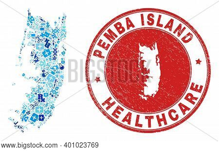 Vector Mosaic Pemba Island Map With Vaccination Icons, First Aid Symbols, And Grunge Health Care Sea