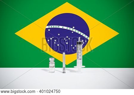 Flag Of Brazil Illustrating Campaign For Global Vaccination Against Covid-19. Epidemic Virus