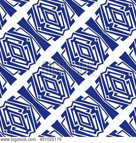Geometric Line Art Pattern Over White Background. Seamless Monochromatic Wallpaper. Usable As Blue A