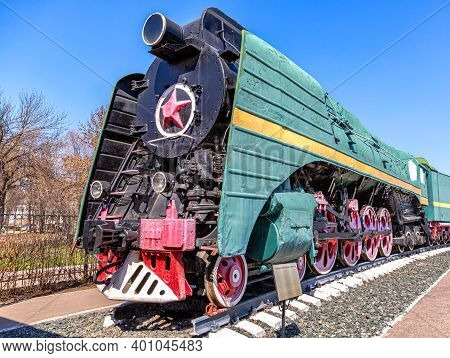 Samara, Russia - April 29, 2017: Retro Soviet Steam Mainline Passenger Locomotive P-36