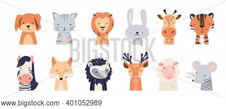 Cute Animal Baby Faces Set Vector Illustration. Hand Drawn Nursery Characters Collection With Cat, D