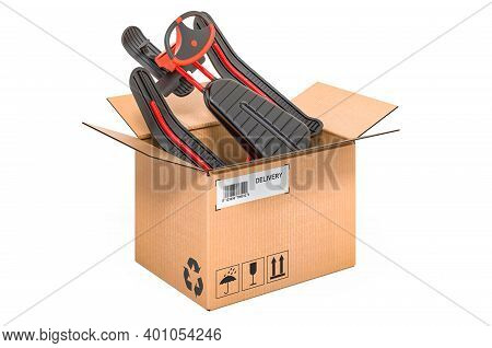 Snowracer Inside Cardboard Box, Delivery Concept. 3d Rendering Isolated On White Background