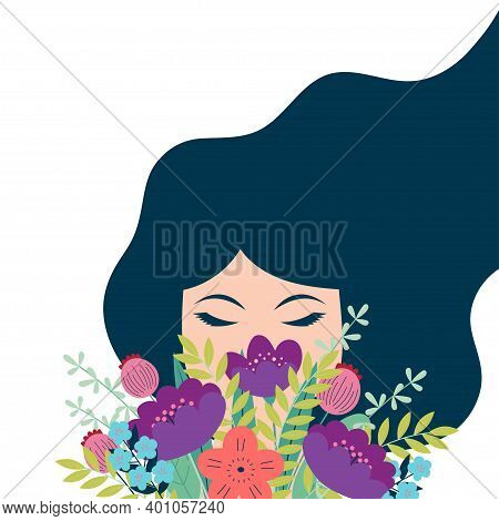 Cute Woman Holding Bouquet Of Flowers, Spring Holiday, Vector Illustration In Scandinavian Simple St