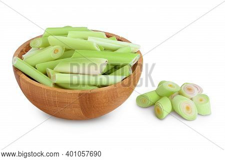 Fresh Lemongrass Slices In Wooden Bowl Isolated On White Background With Clipping Path And Full Dept