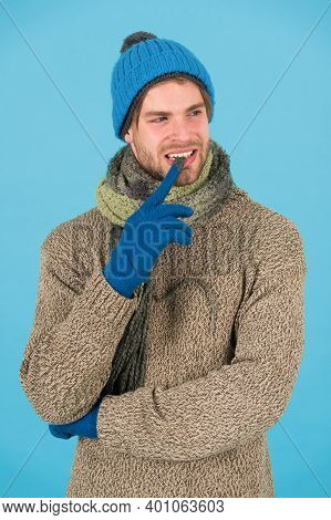 Hesitating And Doubtful. Man Handsome Unshaven Guy Wear Winter Accessories. Winter Season Sale. Hips