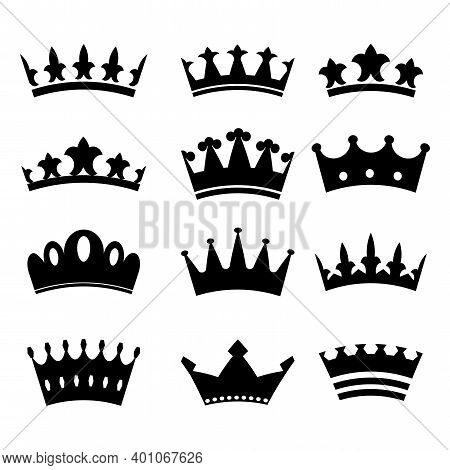 Retro Set Of Black Crowns, Great Design For Any Purposes. Black Set Crowns On White Background. Stoc