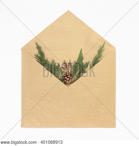 Open Christmas Envelope With Green Tuya Branches Inside. Flat Lay Composition Isolated On White Back