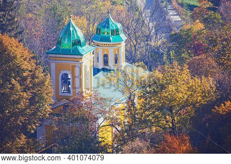 Famous Monastery Saharna In Moldova . Aerial View Of Church In The Autumn