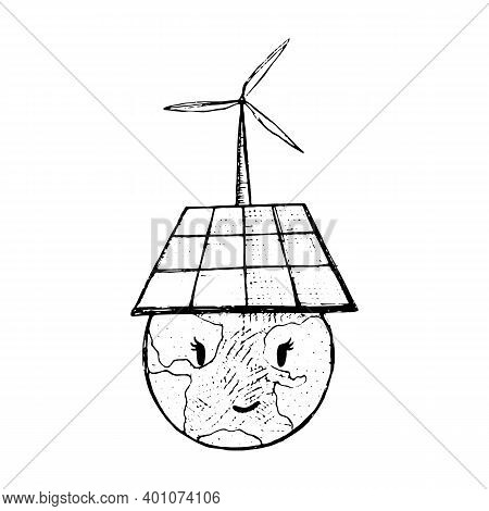 Doodle Humour Drawing With Earth Face And Solar Battary. Nature Friendly Solar Energy. Wind Power Pl