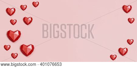 Banner With Red Polygonal Paper Heart Shape On Cream Colored Background. Holiday Background With Cop