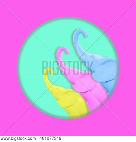 Contemporary Collage. Yellow Pink And Blue Elephant On A Turquoise Background. Concept Art, Family, 