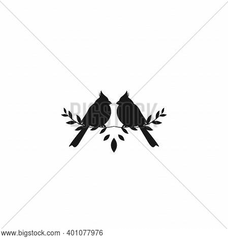 Northern Cardinals On Twig. Redbird Christmas Card. Bird Silhouette Isolated On White Background.