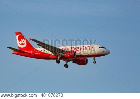 ZURICH - JULY 18: Airbus A-319 Air Berlin landing in Zurich after short haul flight on July 18, 2015 in Zurich, Switzerland. Zurich airport is home for Swiss Air and one of biggest european hubs.