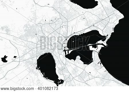 Urban City Map Of Tunis. Vector Illustration, Tunis Map Grayscale Art Poster. Street Map Image With 