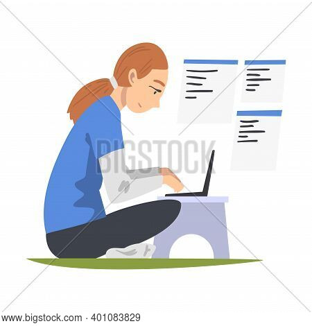 Woman As Software Developer Or Programmer Engaged In Coding In Server-side Framework On Laptop Vecto