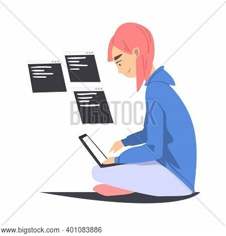 Woman As Software Developer Or Programmer Engaged In Coding In Server-side Framework On Laptop Vecto