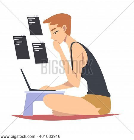 Male As Software Developer Or Programmer Engaged In Coding In Server-side Framework On Laptop Vector