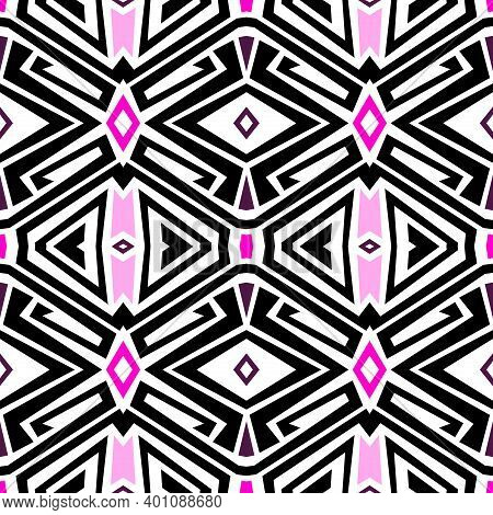 Seamless Pink And Black Colored Geometric Pattern Over White Background. Repeating Modern Tiling, Wr
