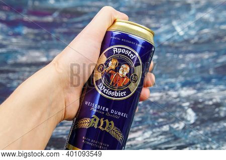Tyumen, Russia-december 23, 2020: Apostel Weissbier Dunkel. German Beer Logo On Aluminum Can