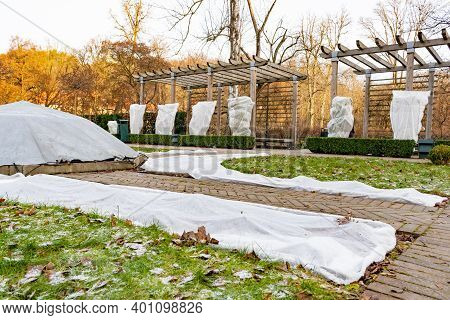 Plants And Trees In A Park Or Garden Covered With Blanket, Swath Of Burlap, Frost Protection Bags Or
