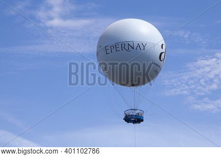 Épernay, France - July 23 2020: Hot Air Balloon For The Tourists Willing To See The Capital Of Champ