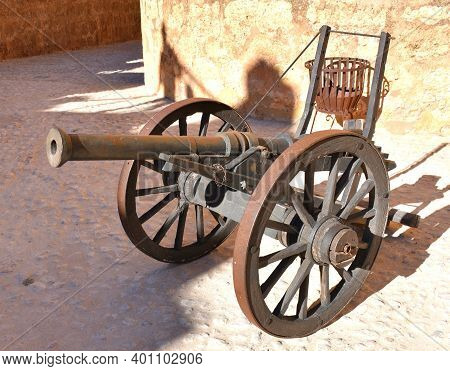 Artillery Cannon From Medieval Times Inside The Castle Of Belmonte.