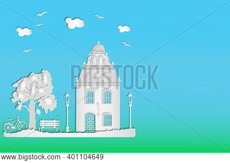 House With Tree, Bicycle, Bench, Street Lamp And Clouds On A Blue Sky Background. Urban Landscape In