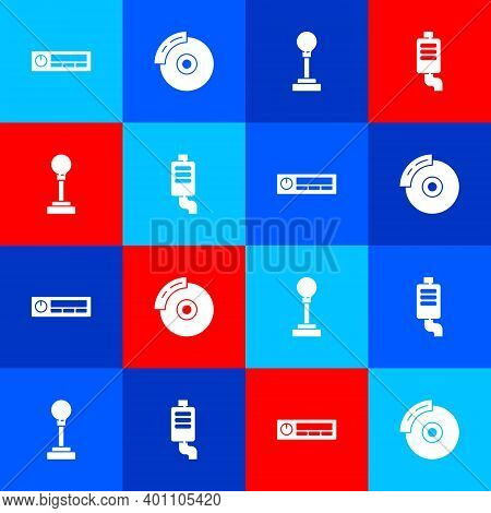 Set Car Audio, Brake Disk With Caliper, Gear Shifter And Muffler Icon. Vector